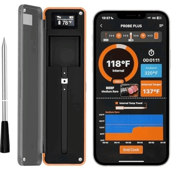 Smart Wireless Meat Thermometer with Thinnest Probe, Magnetic Bluetooth Food Thermometer, Remote Tracking and Real-Time Readings from Apps, for iOS and Android, for BBQ, Grill, Smoker