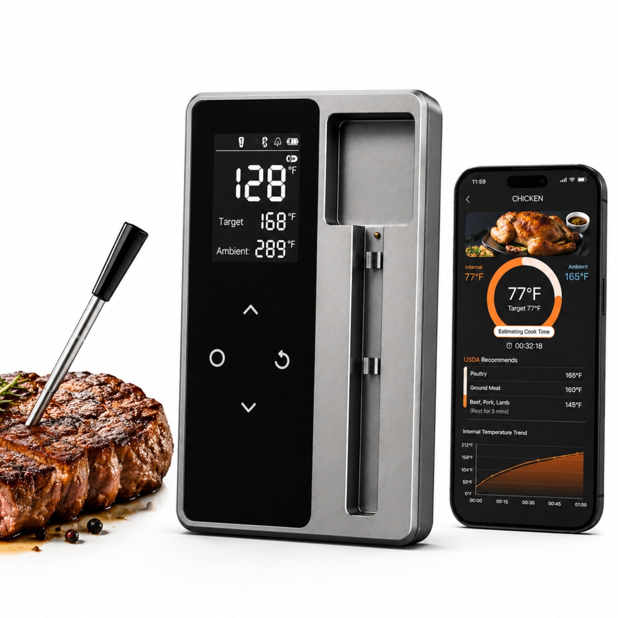 Amumu Direct Smart Wireless Meat Thermometer with Ultra-Thin Probe, Bluetooth Digital Food Thermometer with App Real-Time Monitoring, Smart Alerts for BBQ, Grill, Smoker, Oven, Air Fryer