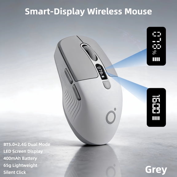 Smart Wireless Mouse with LED Battery & DPI Display, BT/2.4G Silent Rechargeable Office Mouse, Lightweight Portable Computer Mouse for MacBook, Laptop, Work, Study & Travel – Grey
