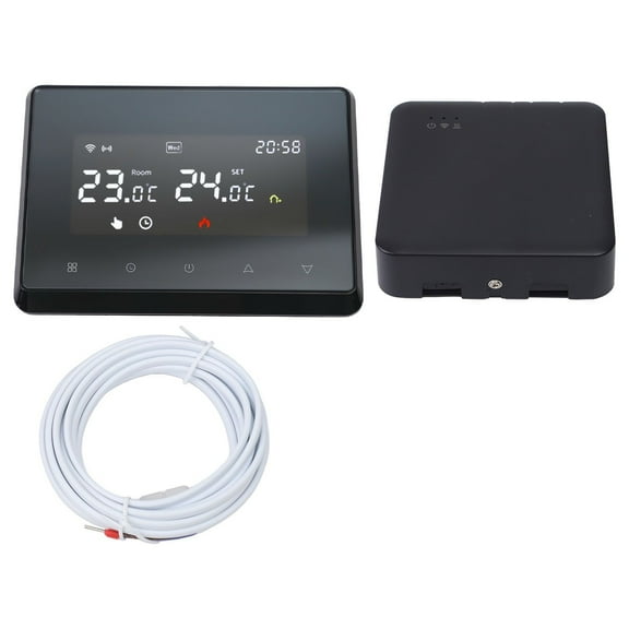 Smart Wireless Programmable Thermostat With RF Receiver, Voice And App Control, Weekly Scheduling, Touch Panel, Lock, for Gas Boiler And Water Floor Heating(Black + Sensor)