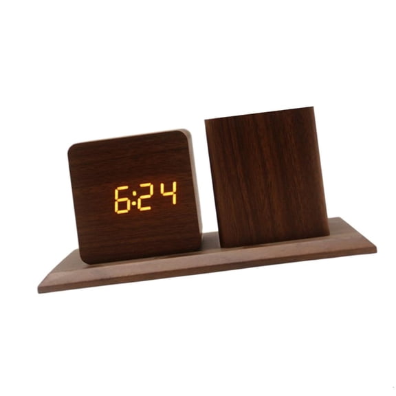 Smart Wood LED Alarm Clock With Voice Control Pen Holder Temperature Date Display And 3 Alarms