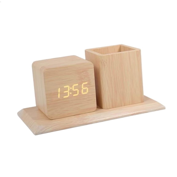 Smart Wood LED Alarm Clock With Voice Control Pen Holder Temperature Date Display And 3 Alarms