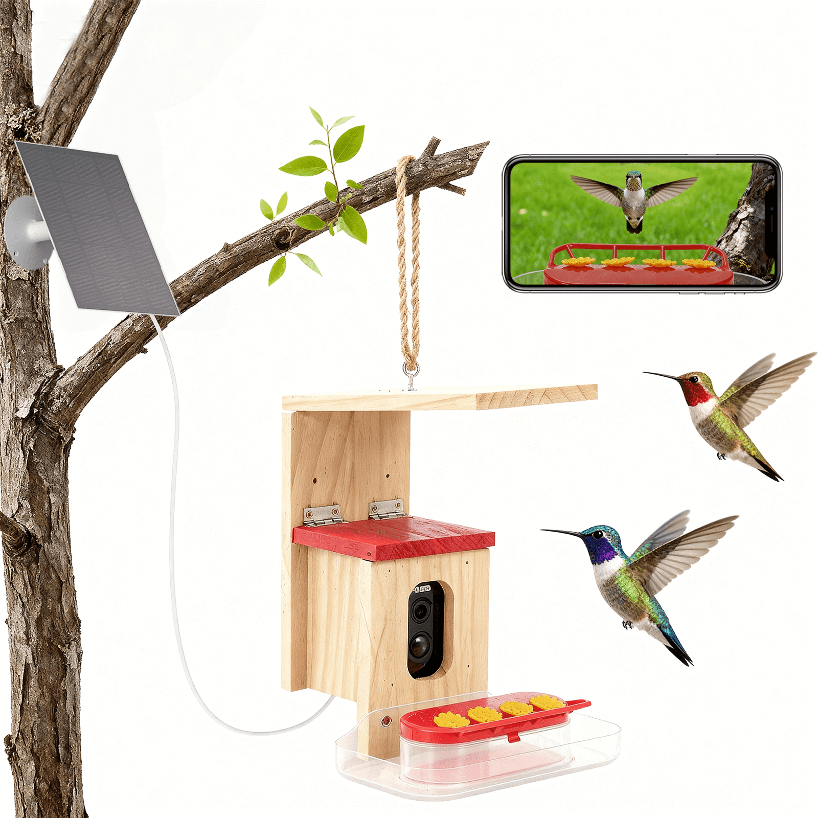 Smart Wooden Hummingbird Feeder with Camera, Solar-Powered 1080P HD Hanging Bird Feeder for Outdoor, Includes 64GB TF Card, Live View via App, Ideal Gift for Bird & Nature Lovers