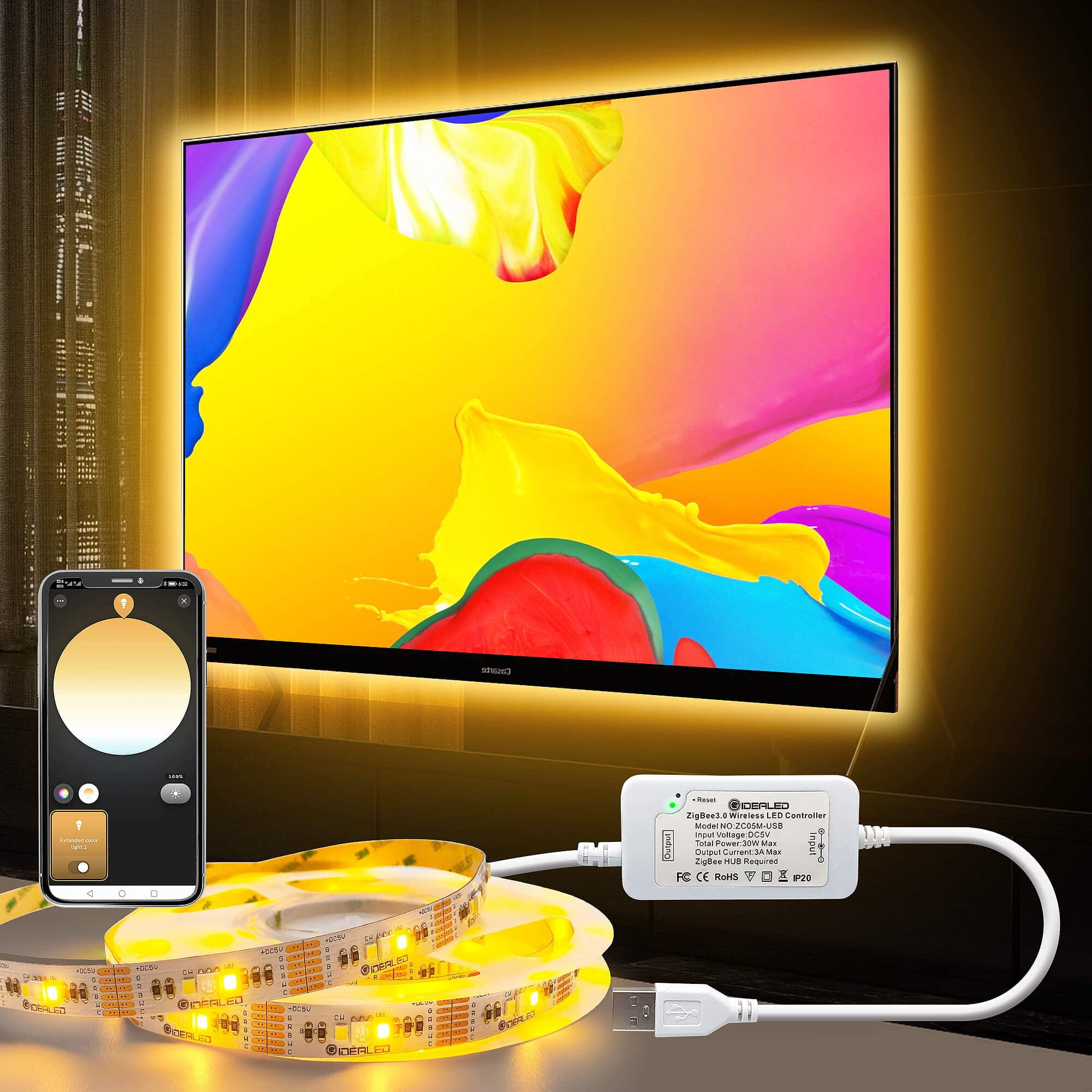 Smart ZigBee USB RGBWW LED Strip Light 9.8ft,Work with ZigBee Hub for APP/Alexa Echo Voice Control