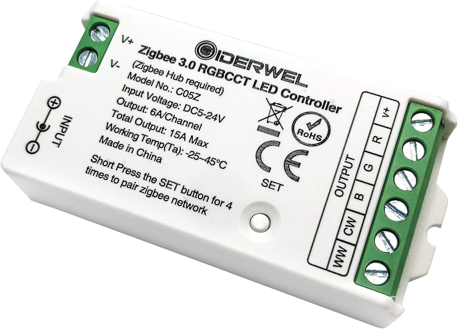 Smart Zigbee 3.0 LED Controller RGBWW is compatible with ZigBee bridges,  Echo Plus, and Tuya smart hubs (Zigbee controller only).