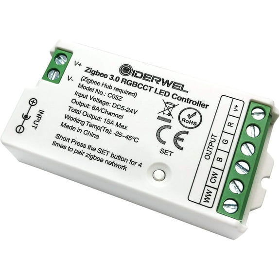 Smart Zigbee 3.0 LED Controller RGBWW is compatible with ZigBee bridges,  Echo Plus, and Tuya smart hubs (Zigbee controller only).