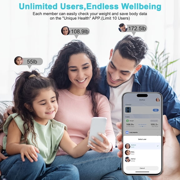 Smart body scale with large color display, 400LB capacity and reinforced glass. Tracks BMI, syncs with App for home and gym use.