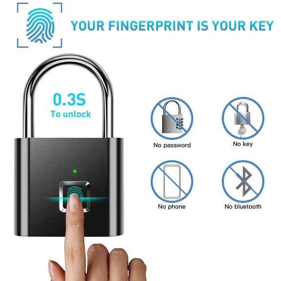 Smart fingerprint lock anti-theft keyless security padlock with USB cable, family gift(2  pack,black+silver)