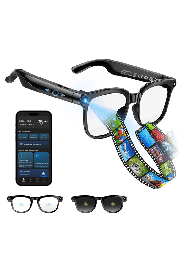 Smart glasses with camera and Bluetooth - Sports AI glasses, image stabilization, real-time translation, object recognition, long battery life, suitable for meetings and video recording