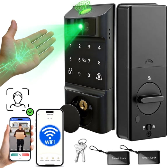 Door Lock,Blacksmith 7 in 1 Smart Door Lock with Built-in Wifi Gateway,Palm Print&Facial Unlock,Black