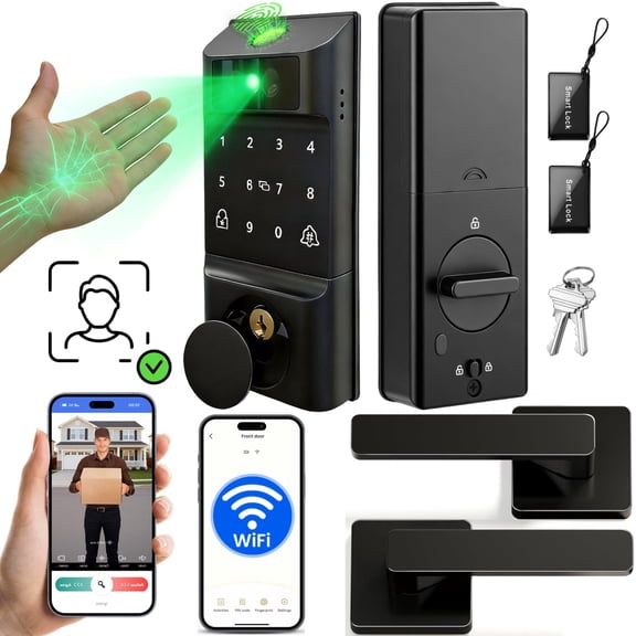 Door Lock,Blacksmith 7 in 1 Smart Door Lock and Handle Set with Built-in Wifi Gateway,Palm Print&Facial Unlock,Black