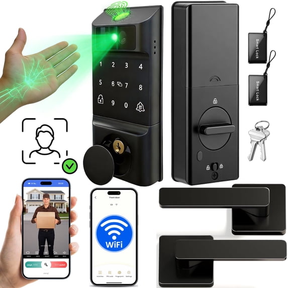 Door Lock,Blacksmith 7 in 1 Smart Door Lock and Handle Set with Built-in Wifi Gateway,Palm Print&Facial Unlock,Black