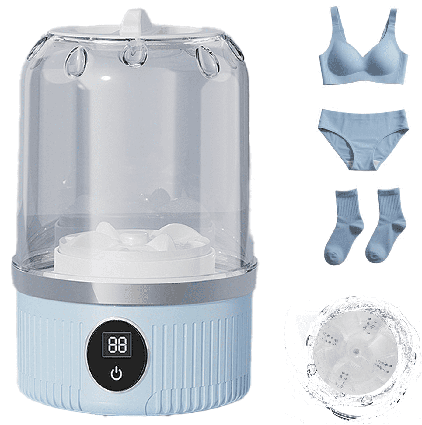 Smart laundry cup, portable ultrasonic mini washing machine - a rechargeable travel underwear laundry solution with a compact design suitable for dorms, RVs, and camping. It washes small items such a