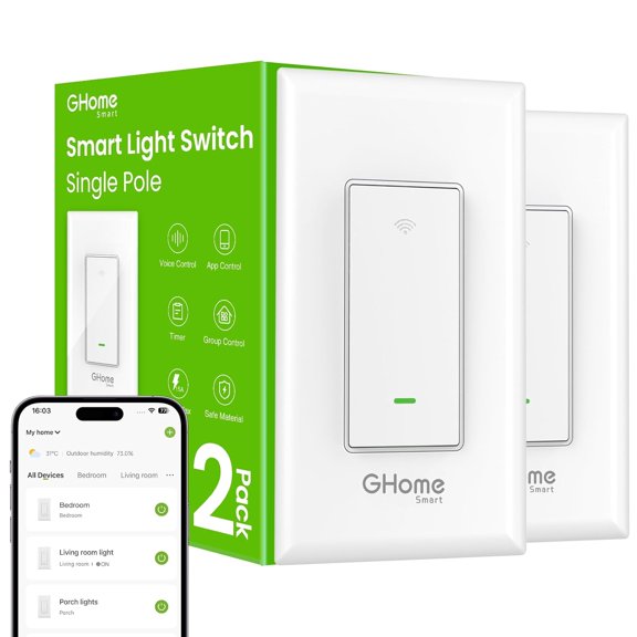 Smart switch suitable for lights, smart light switch, can be used with and in conjunction, single pole, requires neutral wire, 2.4 light switch, with control, no central hub required, certified