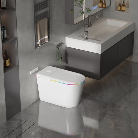 Smart toilets with built-in bowls, one-piece toilets with automatic lid opening/closing and dual-flush systems, heated seats, and warm air dryers.