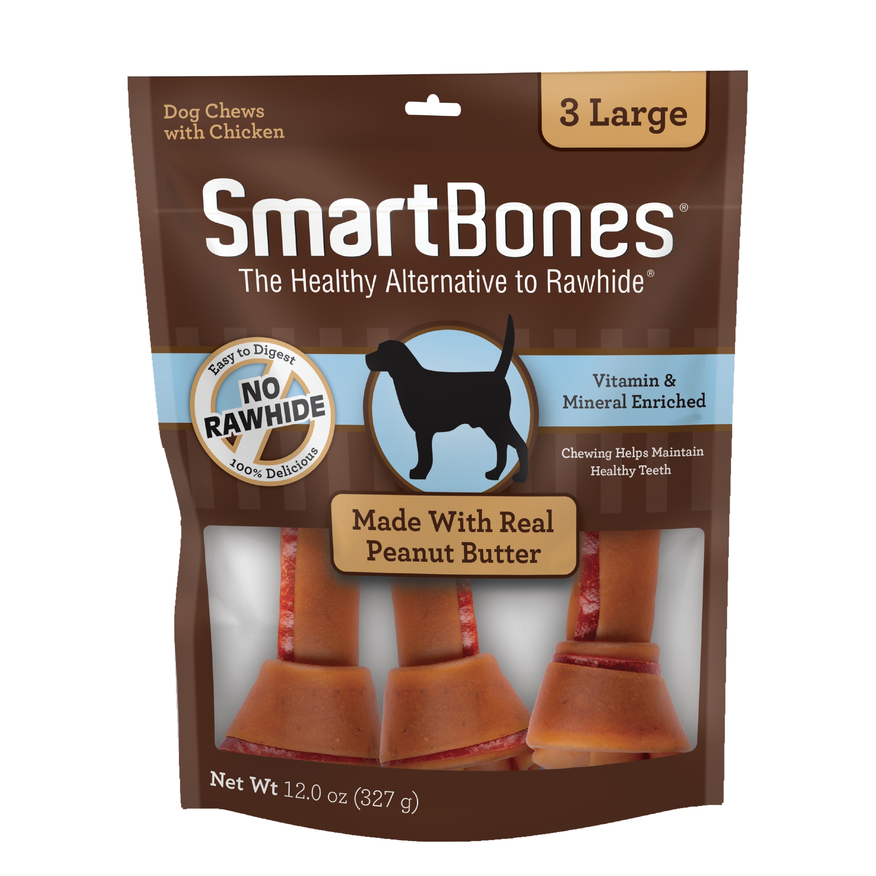 SmartBones Large Chews with Real Peanut Butter 3 Count, RawhideFree Chews for Dogs