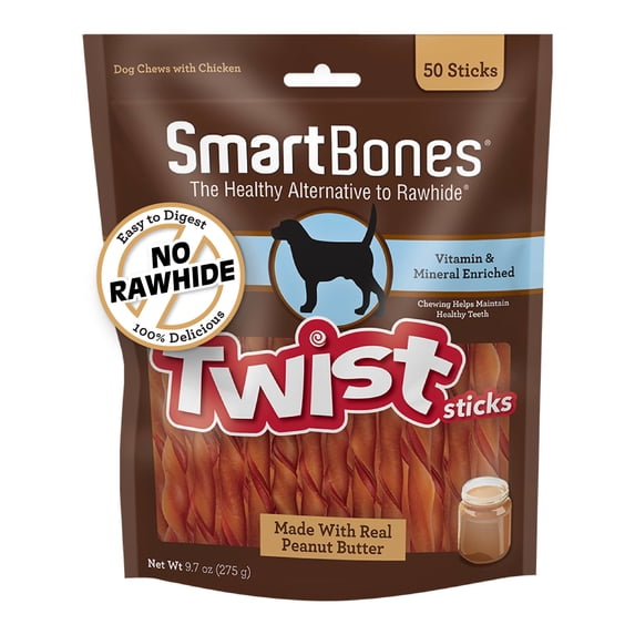 SmartBones Twist Sticks with Peanut Butter, Rawhide-Free Chews for Dogs, 50 Count