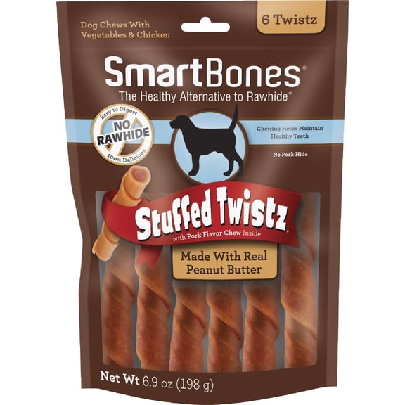 SmartBones Stuffed Twistz Dog Treats with Peanut Butter - Rawhide-Free, Pork Flavor - 6 Count
