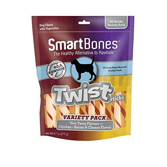 SmartBones Twist Sticks Variety Pack 50 Count, Rawhide-Free Chews for Dogs Made with Real Chicken or Bacon And Cheese Flavor