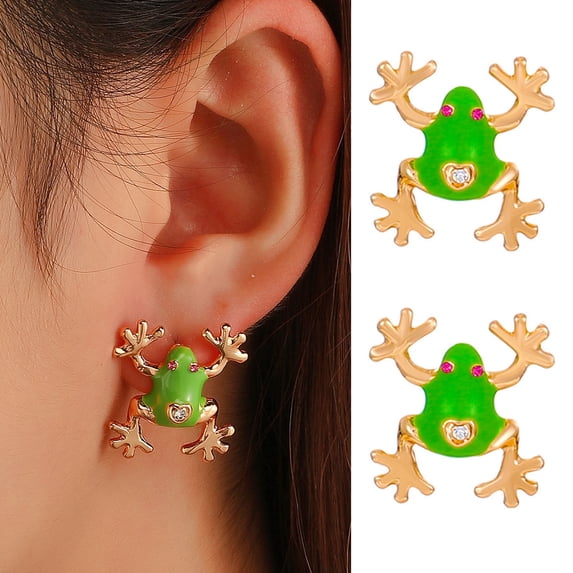 SmartBy 1/2 Pairs Frog-Shaped Earrings Sparking Rhinestones Inlaid Cartoon Enamel Alloy Ear Clips Jewelry Accessories
