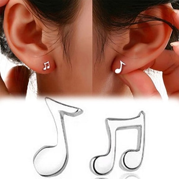 SmartBy 1 Pair Asymmetry Music Note Shape Mini Silver Plated Ear Studs for Daily Wear