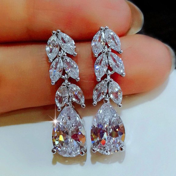 SmartBy 1 Pair Dangle Earrings Leaf Shape Rhinestones Jewelry Delicate Cubic Zirconia Stud Earrings for Wedding