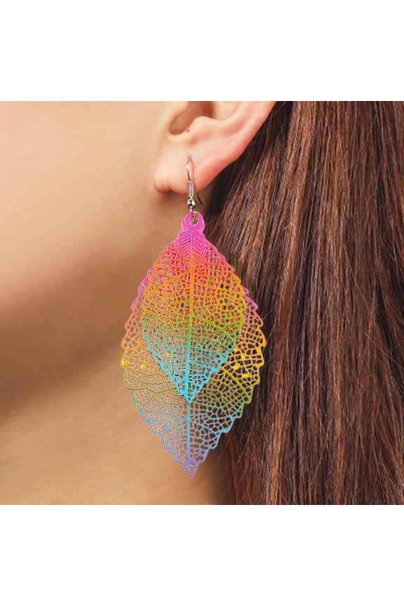 1 Pair Dangle Earrings Vintage Boho Long Fringe Hollow Out Colorful Decorative Birthday Gift Women Double Layer Leaf Pendant Hook Earrings Jewelry Accessories