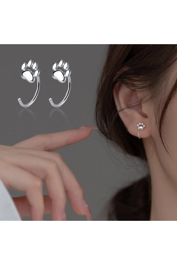 1 Pair Ear Studs High Polished Opening Hypoallergenic Silver-plated Comfortable to Wear Gift Copper Women Cat Paw Half Hoop Huggie Earrings for Dating