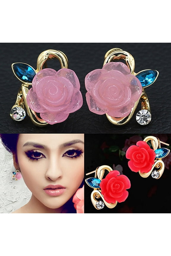 1 Pair Elegant Retro Women Rhinestone Rose Floral Flower Ear Stud Earrings