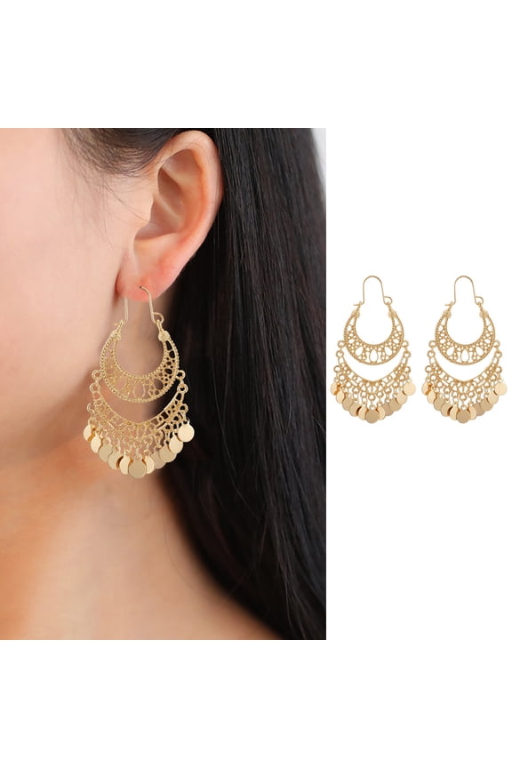 1 Pair Hanging Earrings Vintage Sequin Tassel U-shaped Hollow Out Exquisite Stainless Anti-allergy Bohemian Ethnic Party Prom Dangle Earrings