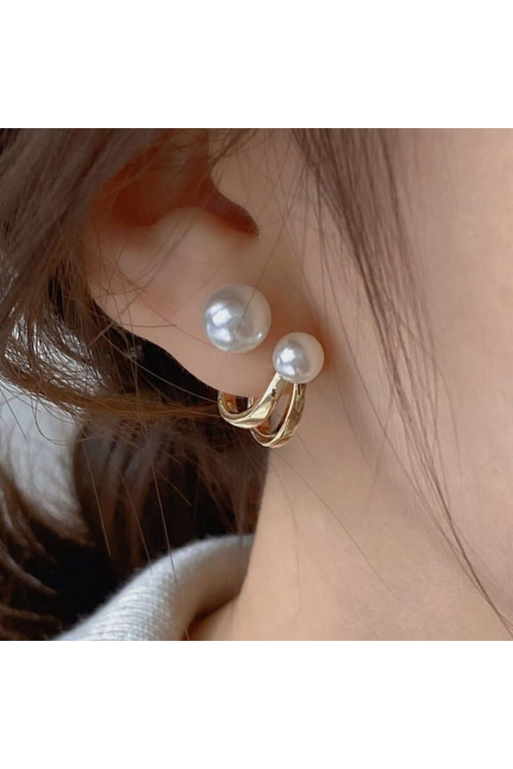 1 Pair Huggie Earrings Faux Pearl C-shape French Style Retro Hollow Anti-allergy Electroplated Lightweight Stainless Ear Decoration Jewelry Commute Earrings