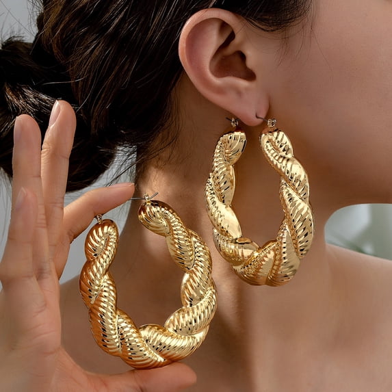 SmartBy 1 Pair Huggie Earrings Retro Shiny Twisted Geometric Solid Color Electroplated Lightweight Stainless Ear Decoration Jewelry Commute Ear Hoop