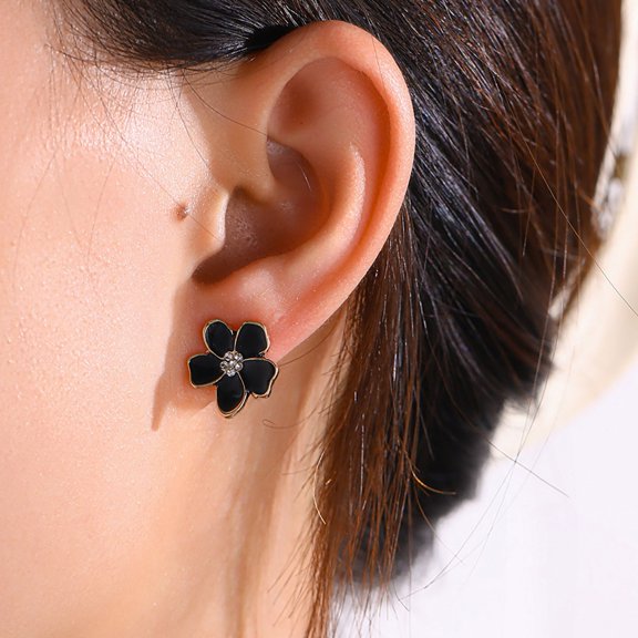 SmartBy 1 Pair Korean Style Black Rose Flower Ear Clips Shining Rhinestones Inlaid Clip Earrings Jewelry Gift