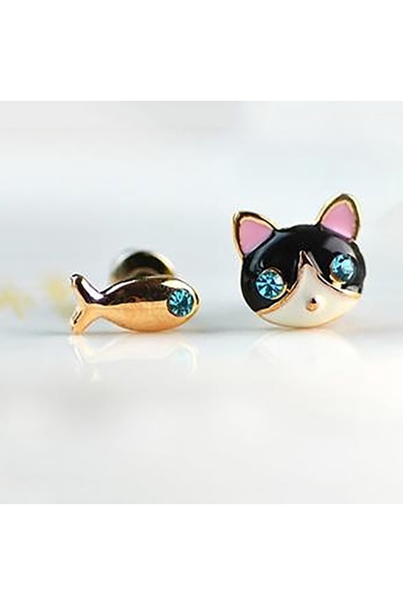 1 Pair Korean Women Cute Cat Fish Rhinestone Stud Earrings Fashion Jewelry