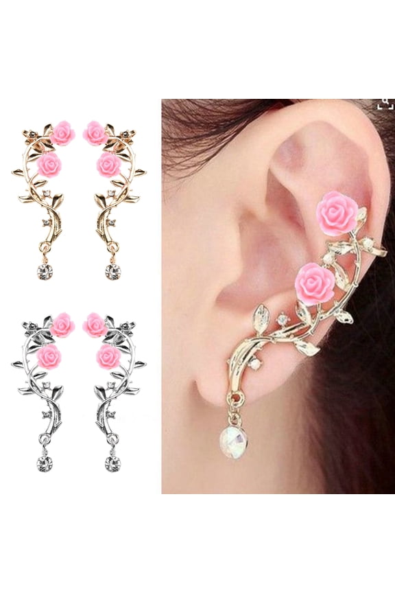 1 Pair Lady Ear Clip Rose Rhinestone Supper Shiny Individual Arc Ear Cuff for Prom