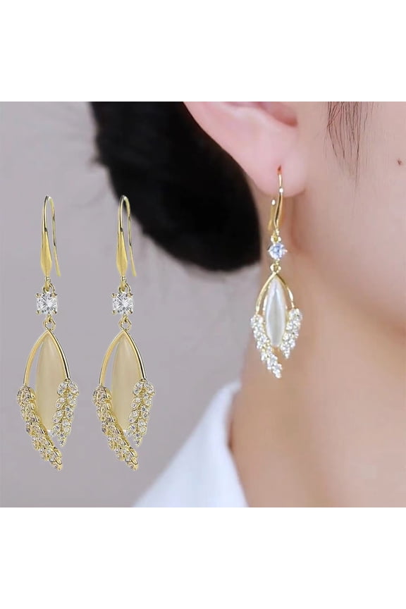 1 Pair Rhinestone Leaves Hook Earrings Faux Cat Eyes Stone Elegant Luxury Women Earrings Fashion Accessories Jewelry Gift