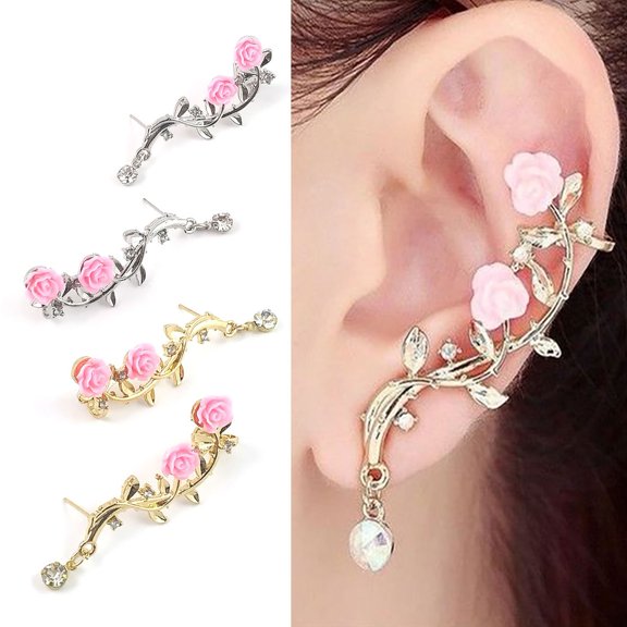 SmartBy 1 Pair Shining Rhinestones Piercing Ear Studs Rose Flower Branch Cuff Earrings Fashion Jewelry