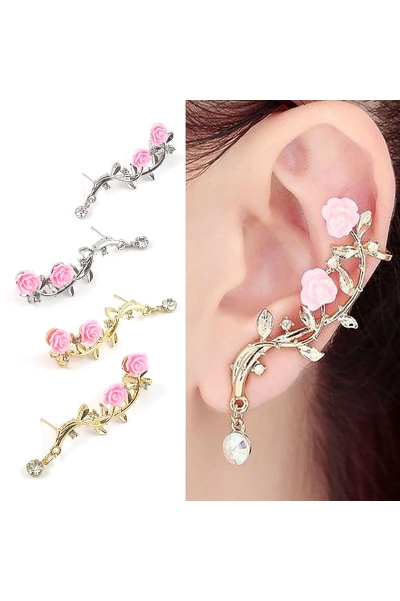 1 Pair Shining Rhinestones Piercing Ear Studs Rose Flower Branch Cuff Earrings Fashion Jewelry