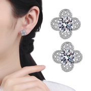 SmartBy 1 Pair Stud Earrings Cubic Zirconia Inlaid Four-Leaf Clover Design Ear Studs Push-back Women Earrings Jewelry Gift