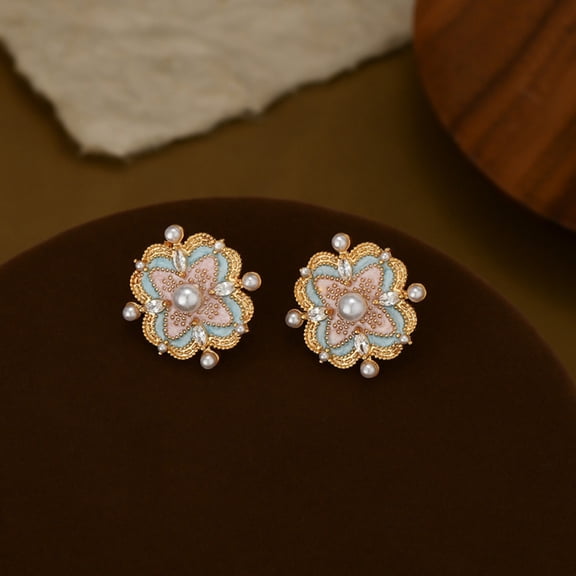 SmartBy 1 Pair Stud Earrings Imitation Pearl Cubic Zirconia Stone Inlaid Flower Shape French Style Blue Enamel Ear Studs Jewelry Gift