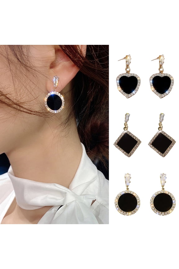 1 Pair Stud Earrings Shining Silver-Needle Geometric Dangle Electroplating Temperate Decoration Eye-catching Black Round Rhinestone Earrings Clothing Accessories