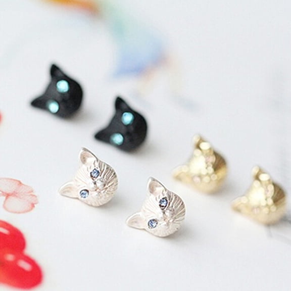 SmartBy 1 Pair Women Cute Cats Head Rhinestones Inlaid Ear Studs Earrings for Party Club