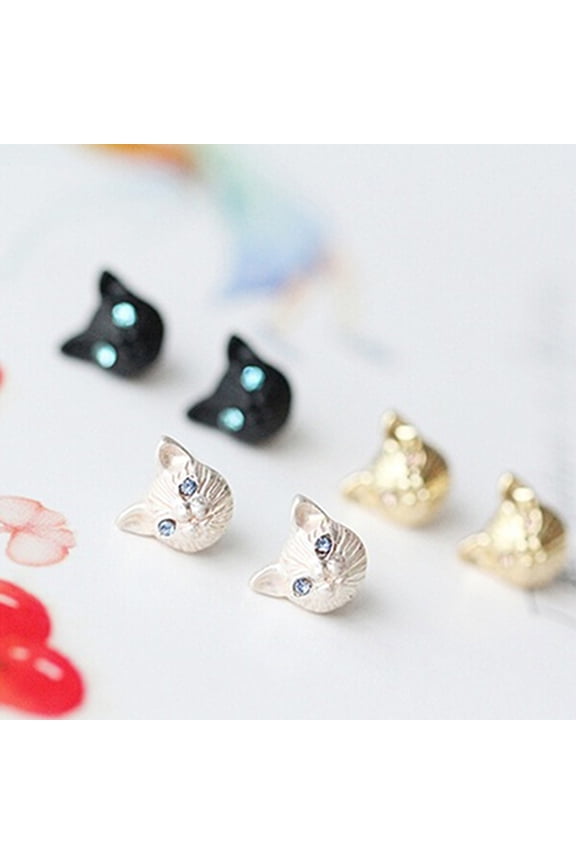 1 Pair Women Cute Cats Head Rhinestones Inlaid Ear Studs Earrings for Party Club