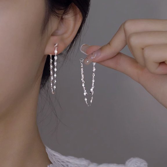 SmartBy 1 Pair Women Earrings Chain Tassel Double-layered Lightweight Smooth Copper Hanging Earrings for Prom Dating Formal Banquet