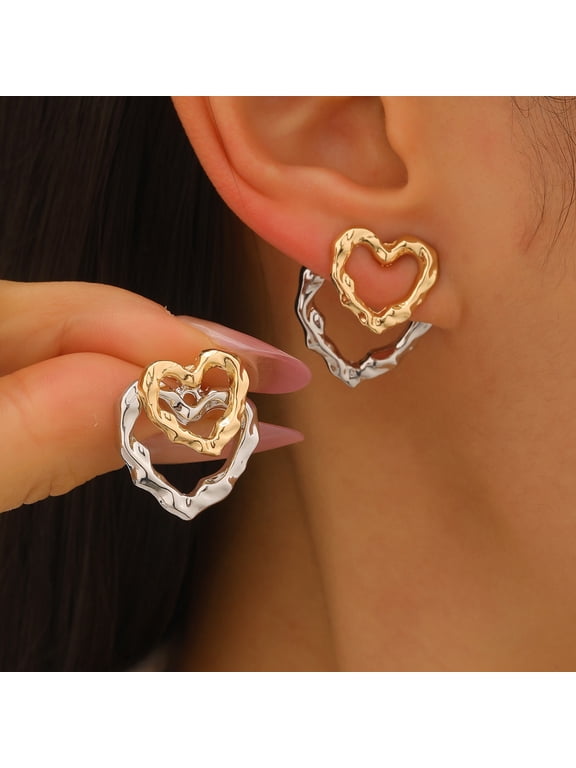 1 Pair Women Earrings Double-Layer Design Heart Irregular Shape Stud Earrings Scratch-Resistant Two-tone Earrings Jewelry Gift