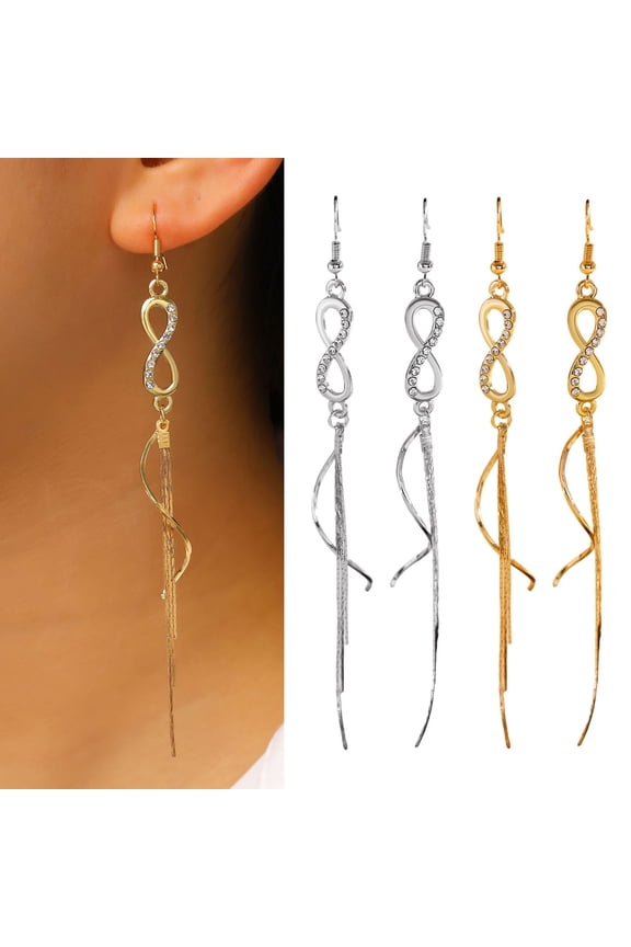 1 Pair Women Earrings Infinity Symbol Tassel Long Earrings Cubic Zirconia Inlaid Metal Polished Drop Earrings Jewelry Gift