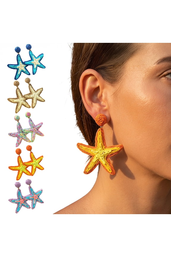 1 Pair Women Earrings Raffia Handmade Texture Contrasting Color Marine Style Star Design Drop Earrings Versatile Accessories