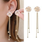 SmartBy 1 Pair Women Hanging Earrings 3D Clover Shape Tassel Faux Crystal Electroplated Anti-allergy Lightweight Ear Decoration Jewelry Party Prom Long Dangle Earrings