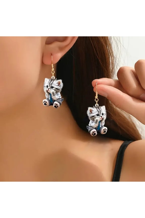 1 Pair Women Hook Earrings 2D Realistic Cat Shape Animal Theme Individual Dangle Earrings Anniversary Christmas Gift Hanging Earrings Lady Ear Jewelry