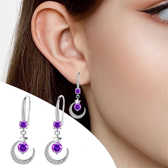 SmartBy 1 Pair Women Hook Earrings Moon Star Shape Cubic Zirconia Hanging Earrings Polished Copper Drop Earrings Prom Party Dating Ear Jewelry
